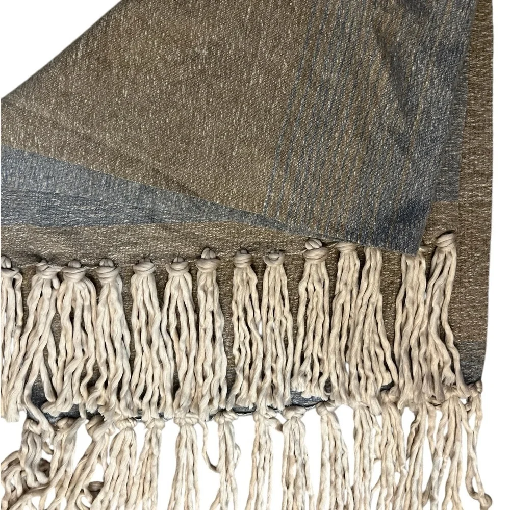 Anthropologie Cozy Heathered Fringe Throw Blanket, blue tan & cream